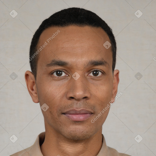 Neutral black young-adult male with short  black hair and brown eyes