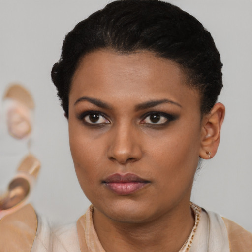 Neutral latino young-adult female with short  black hair and brown eyes
