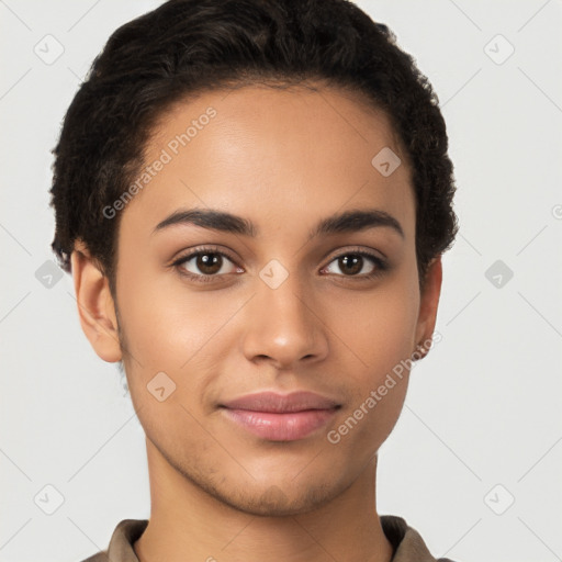 Joyful latino young-adult female with short  brown hair and brown eyes