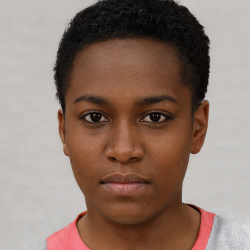 Neutral black young-adult female with short  brown hair and brown eyes