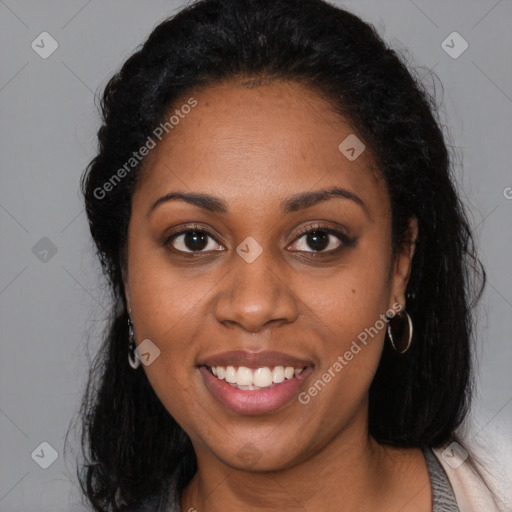 Joyful latino young-adult female with long  black hair and brown eyes