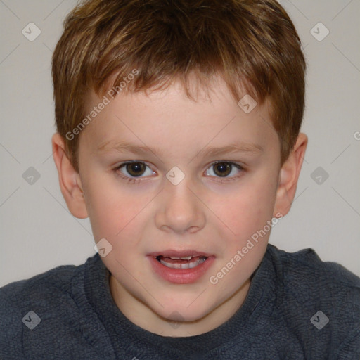 Joyful white child male with short  brown hair and brown eyes