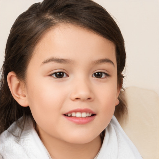 Joyful white child female with medium  brown hair and brown eyes