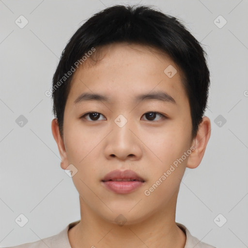 Neutral asian young-adult male with short  brown hair and brown eyes