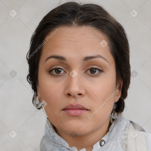 Neutral white young-adult female with medium  brown hair and brown eyes