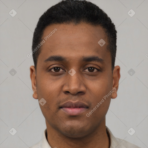 Neutral black young-adult male with short  black hair and brown eyes