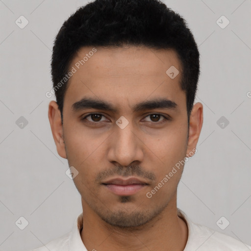 Neutral asian young-adult male with short  black hair and brown eyes