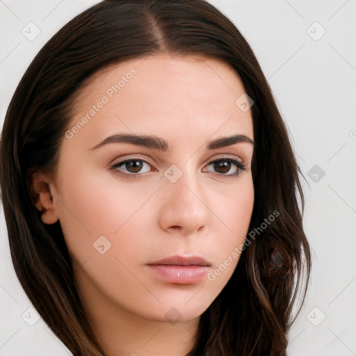 Neutral white young-adult female with long  brown hair and brown eyes