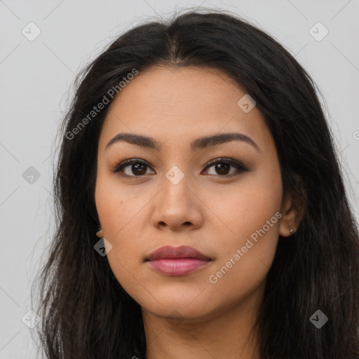 Neutral latino young-adult female with long  brown hair and brown eyes