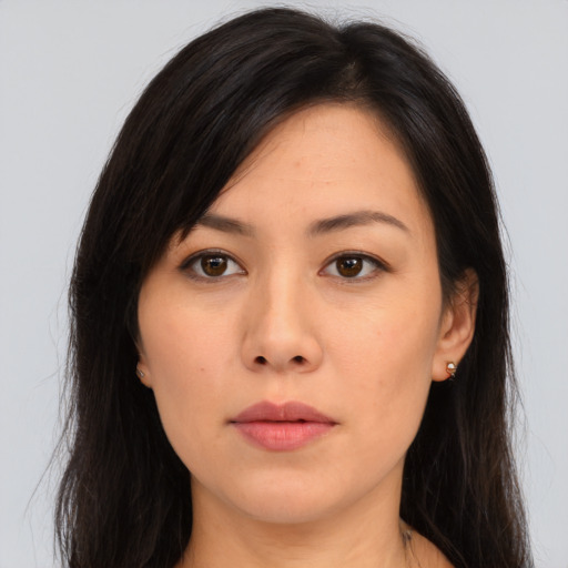 Neutral asian young-adult female with long  brown hair and brown eyes