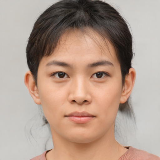 Neutral asian young-adult female with medium  brown hair and brown eyes