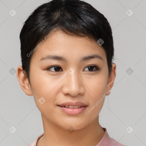 Joyful asian young-adult female with short  brown hair and brown eyes