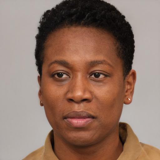 Neutral black young-adult female with short  brown hair and brown eyes