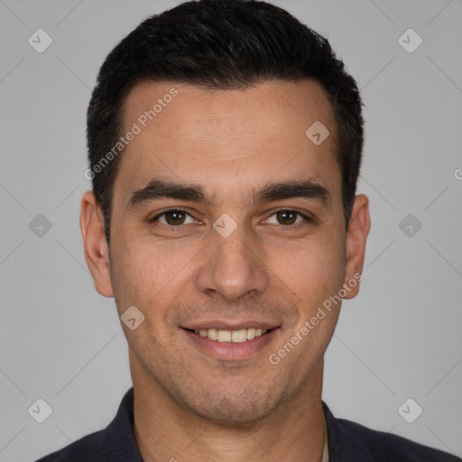 Joyful white young-adult male with short  brown hair and brown eyes