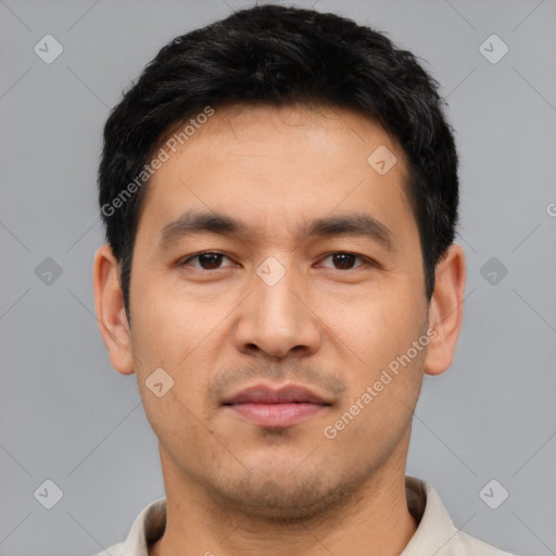 Neutral asian young-adult male with short  black hair and brown eyes