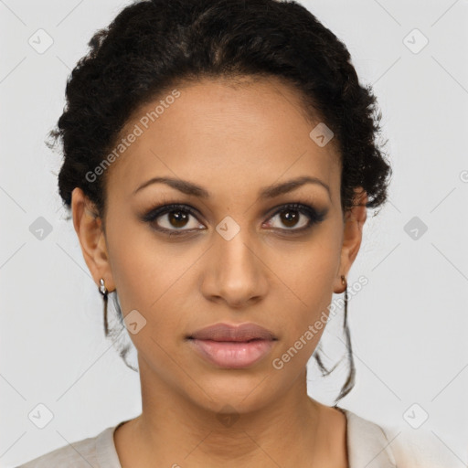 Neutral latino young-adult female with short  brown hair and brown eyes