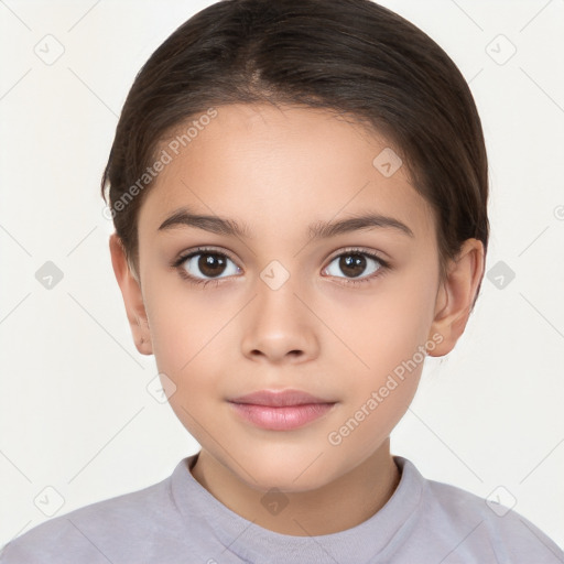 Joyful white child female with short  brown hair and brown eyes