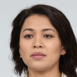 Neutral asian young-adult female with medium  brown hair and brown eyes