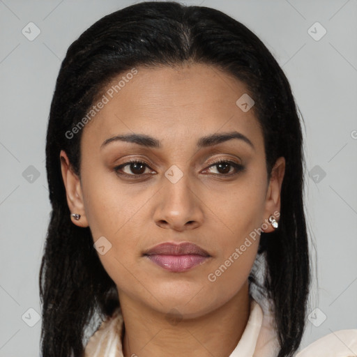 Joyful latino young-adult female with medium  brown hair and brown eyes