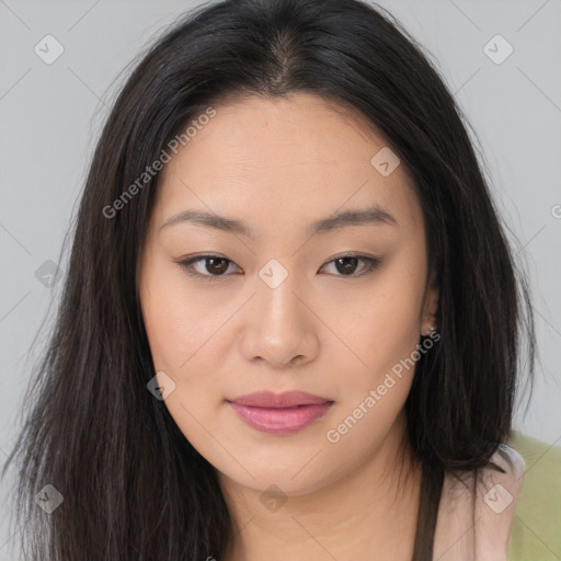 Joyful asian young-adult female with long  brown hair and brown eyes