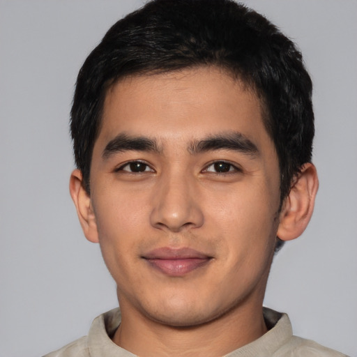 Neutral asian young-adult male with short  black hair and brown eyes