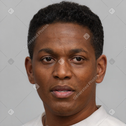 Neutral black young-adult male with short  black hair and brown eyes