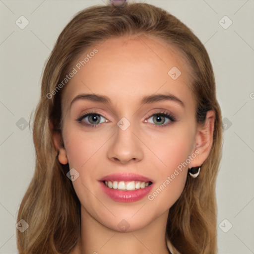 Joyful white young-adult female with long  brown hair and green eyes