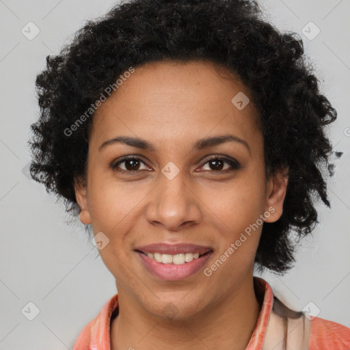 Joyful latino young-adult female with short  brown hair and brown eyes