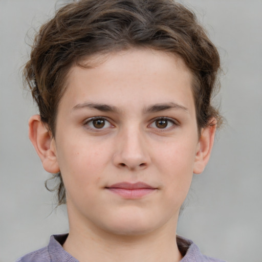 Neutral white young-adult female with medium  brown hair and grey eyes