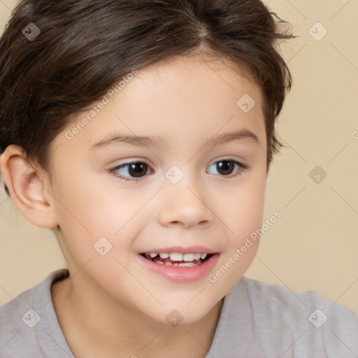 Joyful white child female with short  brown hair and brown eyes