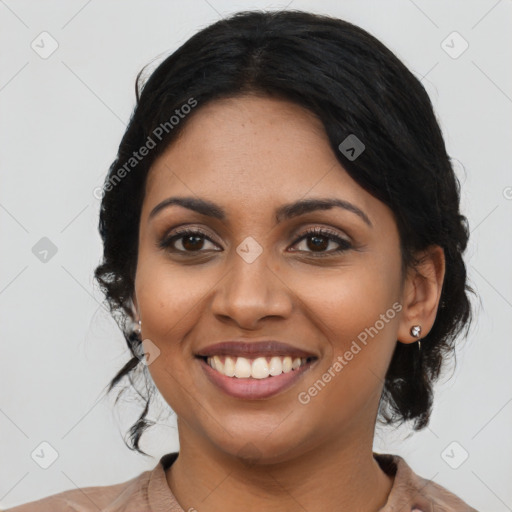 Joyful latino young-adult female with medium  black hair and brown eyes