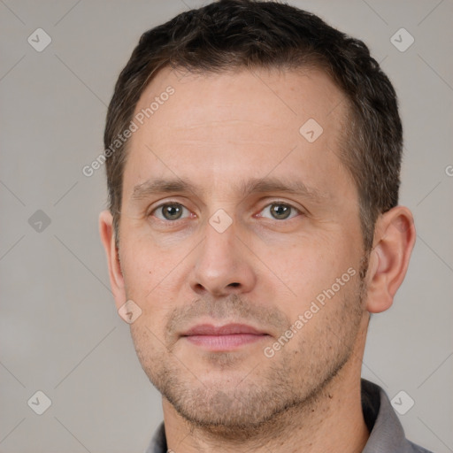 Neutral white adult male with short  brown hair and brown eyes