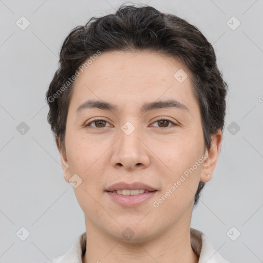 Joyful white young-adult female with short  brown hair and brown eyes