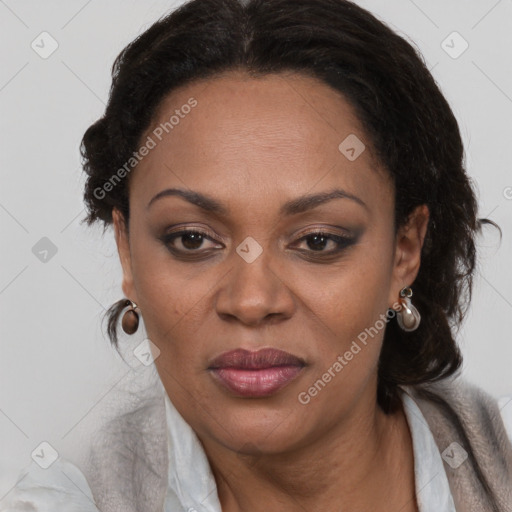 Joyful black adult female with medium  brown hair and brown eyes