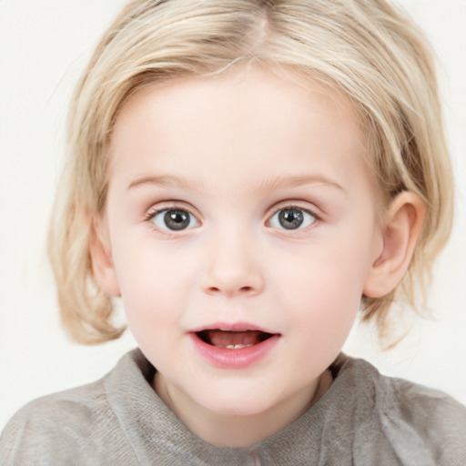 Joyful white child female with medium  brown hair and blue eyes