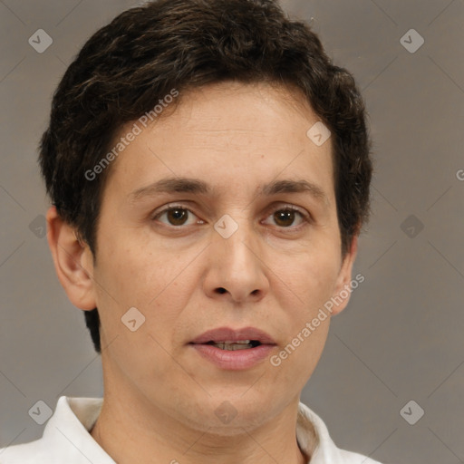 Joyful white adult female with short  brown hair and brown eyes