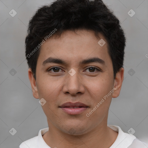 Joyful white young-adult male with short  black hair and brown eyes