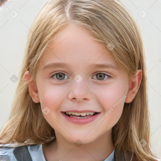 Joyful white child female with medium  brown hair and blue eyes