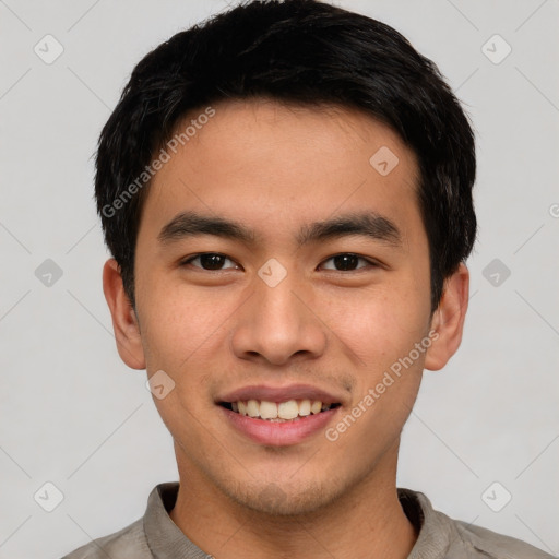 Joyful white young-adult male with short  black hair and brown eyes