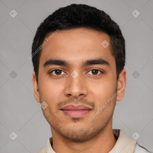 Neutral latino young-adult male with short  black hair and brown eyes