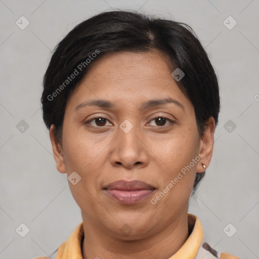 Joyful asian adult female with short  brown hair and brown eyes