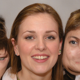 Joyful white young-adult female with medium  brown hair and blue eyes