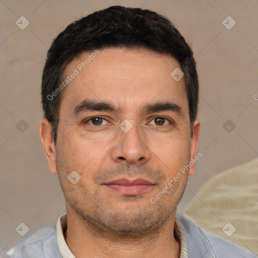 Neutral white adult male with short  black hair and brown eyes