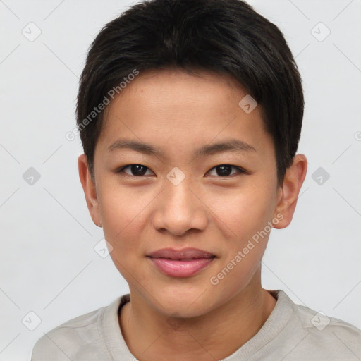 Joyful asian young-adult female with short  brown hair and brown eyes