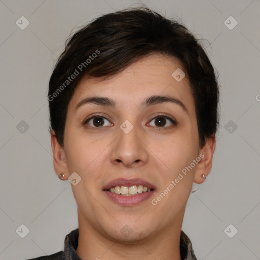 Joyful white young-adult female with short  brown hair and brown eyes