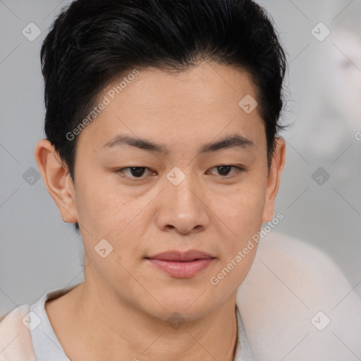 Joyful asian young-adult female with short  brown hair and brown eyes