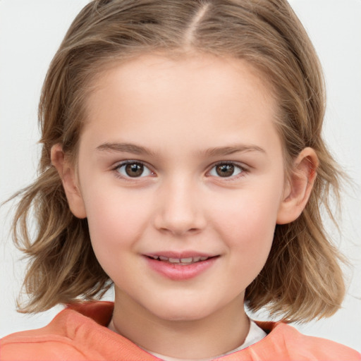 Joyful white child female with medium  brown hair and brown eyes