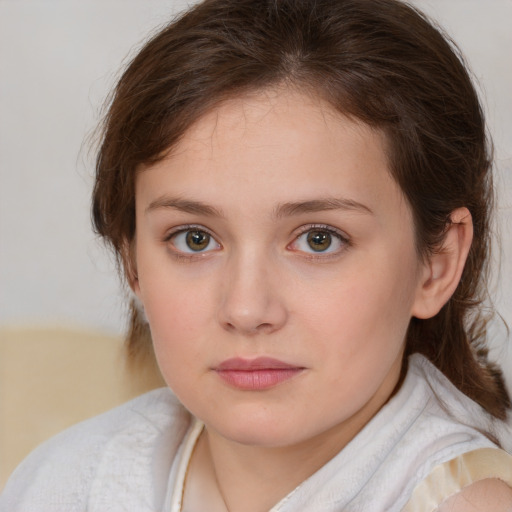 Neutral white child female with medium  brown hair and blue eyes