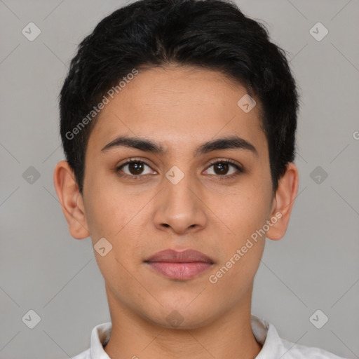 Joyful latino young-adult female with short  brown hair and brown eyes