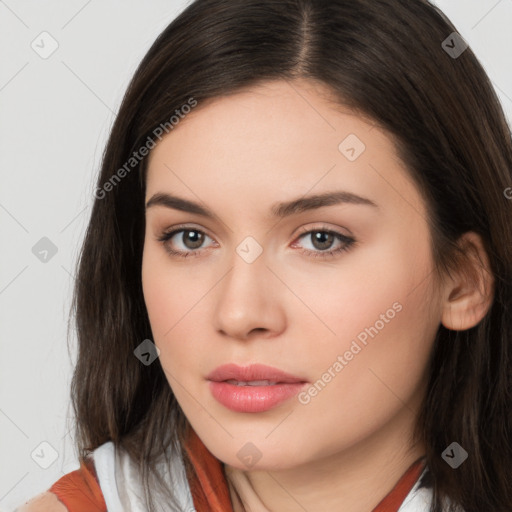 Neutral white young-adult female with long  brown hair and brown eyes